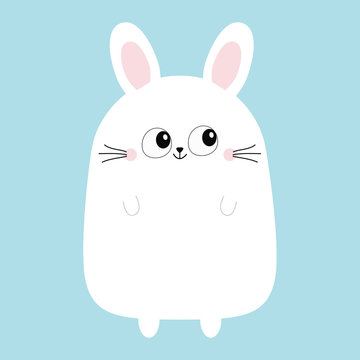 White bunny rabbit. Funny head face. Big eyes. Cute kawaii cartoon character. Baby greeting card template. Happy Easter sign symbol. Blue background. Flat design.