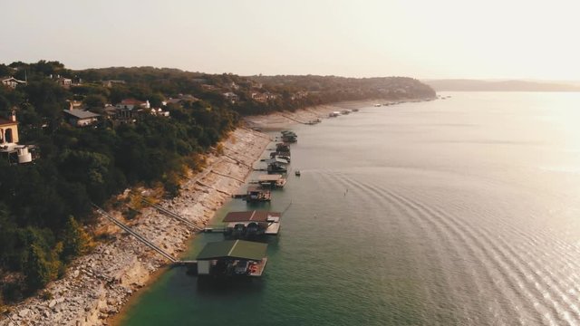 drone shot running along side of lake travis