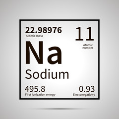 Sodium chemical element with first ionization energy, atomic mass and electronegativity values ,simple black icon with shadow