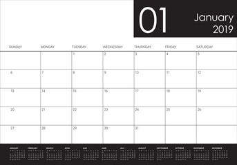 January 2019 desk calendar vector illustration