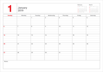 January 2019 desk calendar vector illustration