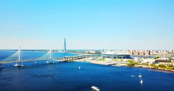 Saint Petersburg, Russia. Aerial view of new stadium located at Krestovsky island in St Petersburg, Russia. Famous Western High-Speed Diameter bridge over Finsky bay
