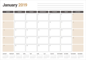 January 2019 desk calendar vector illustration