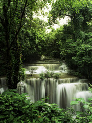 Beautiful River and waterfalls Huai Mae Khamin in Kanchanaburi Thailand in monsoon season.