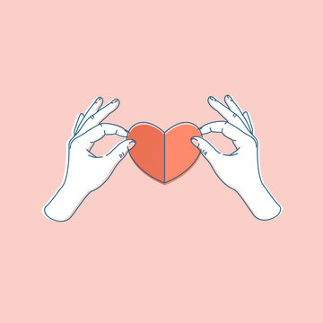 Woman hand holding paper heart. Heart shape. Vector illustration