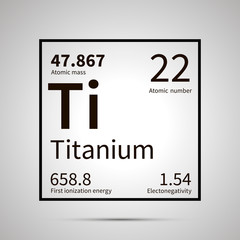 Titanium chemical element with first ionization energy, atomic mass and electronegativity values ,simple black icon with shadow