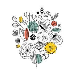 Summer flower bouquet composition. Linear graphic. Florals background. Scandinavian style. Vector illustration