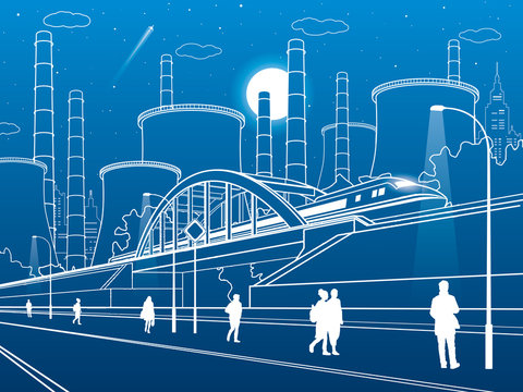 Urban infrastructure illustration. People walking at the street. Train move on bridge. Illuminated highway. Factory thermal power plant. Nnight city. White lines on blue background. Vector design art