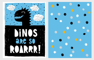 Cute Abstract Black Dinosaur Theme Vector Illustration Set. Black Dino's Head on a Blue Background. White Clouds with Black Dots. Hand Drawn Design. Hand Written Text. Irregular  Dots on a Blue Layout