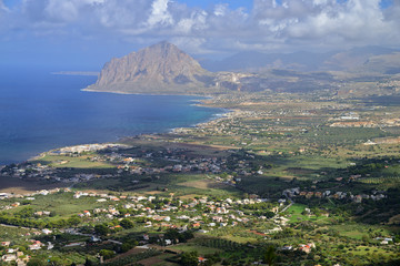 Beautiful panoramic view from Erice mountain at Mediterranean sea (Tyrrhenian sea), Sicily, Italy
