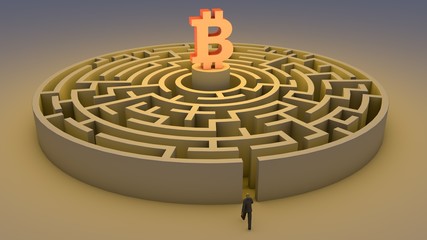 3D illustration of man entering a maze with a bitcoin sign in the middle