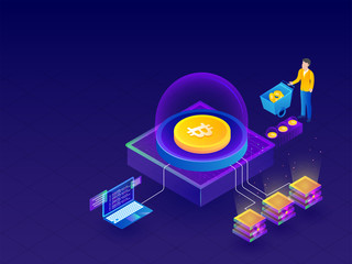 Isometric illustration of crypto mining servers connected with laptop, man collect his money through mining server.