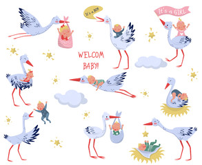 Flat vector set of white storks with babies. Lovely birds and newborn kids. Elements for children book or greeting card