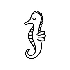 Seahorse hand drawn vector illustration icon. Marine, sea, ocean animal, fish. Black outlined cute sea horse.