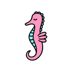 Seahorse hand drawn vector illustration icon. Marine, sea, ocean animal, fish. Black outlined, pink and blue coloured sea horse.
