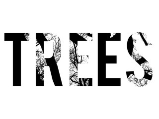 White background with the word Tree in bold text with trees as graphic text fill