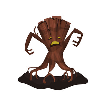 Old dry tree with creepy face, big branches and roots. Terrible monster. Flat vector for Halloween poster, mobile game or story book