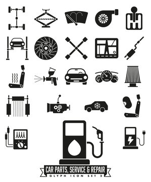 Car parts, service and repair glyph icon set