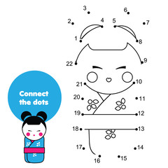 Connect the dots by numbers. Educational game for children and kids. Japanese kokeshii doll in kimono