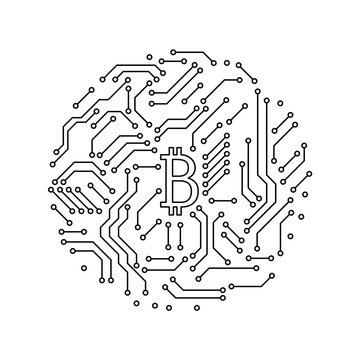 Printed circuit board black and white bitcoin round shape symbol computer technology, vector