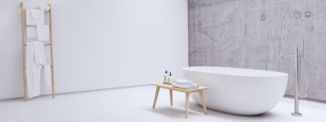 new modern zen bathroom with white and concrete wall. 3d rendering - obrazy, fototapety, plakaty