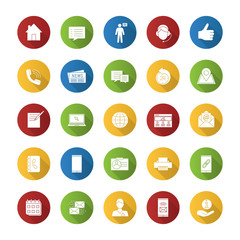 Information center flat design long shadow glyph icons set