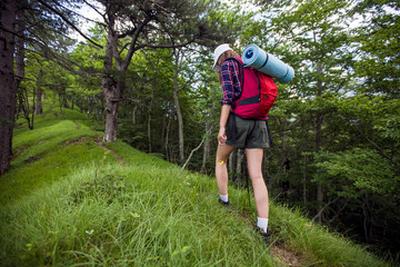 Obraz premium Female hiker with backpack exploring forest