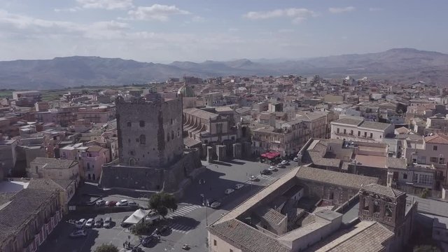 Old Church and Castle in Tipical Itlain Town near Mount Etna in Sicily (4K Droe Aerial Footage)