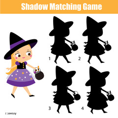 Shadow matching game. Kids activity with girl in witch costume. Halloween theme