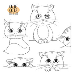 Set of cute cats with different emotions. Stock vector illustration. Outline hand drawing.
