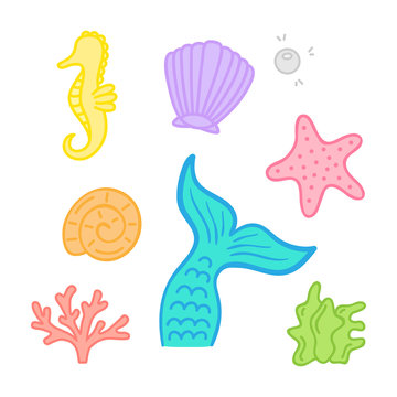 Mermaid, marine, sea hand drawn vector graphic illustrations; mermaid tail, starfish, seashell, pearl, mussel, seaweed, coral, seahorse.