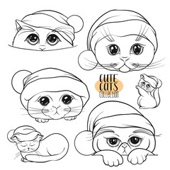 Set of cute cats with different emotions in the Santa Claus hat. Stock vector illustration. Outline hand drawing.