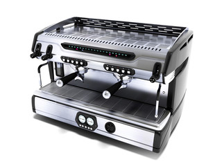 Modern metal professional coffee machine in the coffeehouse view perspective 3d rendering on white background with shadow