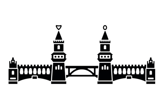 black bridge silhouette, towers, architecture, minimal clip art preview