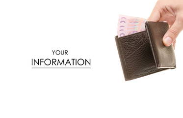 Purse wallet in male hands pattern on white background isolation