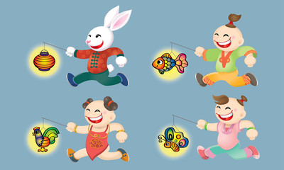 Chinese Mid Autumn Festival design with traditional costume's kids playing lanterns. Isolated.