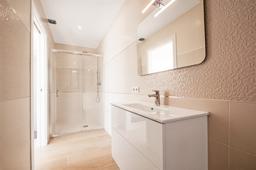 Naklejka na ściany i meble Modern bathroom interior with shower. Clean and fresh bathroom.
