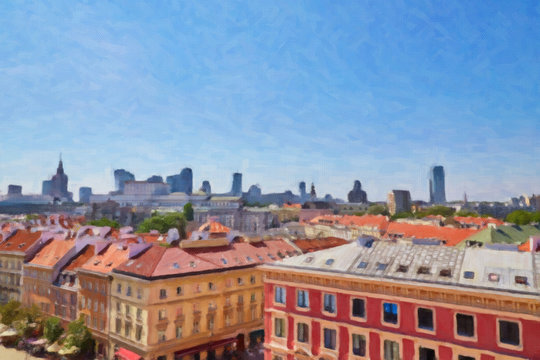Painting on canvas of the Poland capital Warsaw view from above
