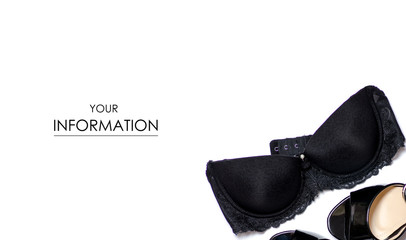 Black female sandals and perfume on white background isolation