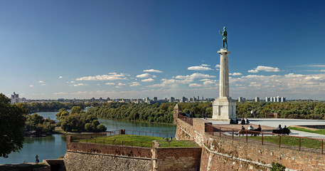 Kalemegdan fortress and Victor monument Belgrade, Usce Sava and Danube confluence view at sunny...