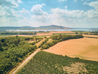 Aerial view of fields, river and mountains, Czech Republic