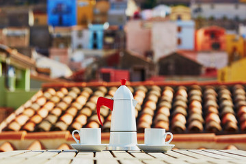 Coffee with view to Bosa village, Sardinia, Italy