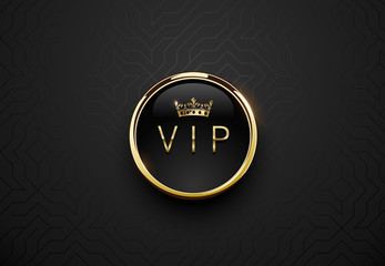 Vip black label with round golden ring frame and crown on black geometric background. Dark glossy premium template. Vector luxury illustration.