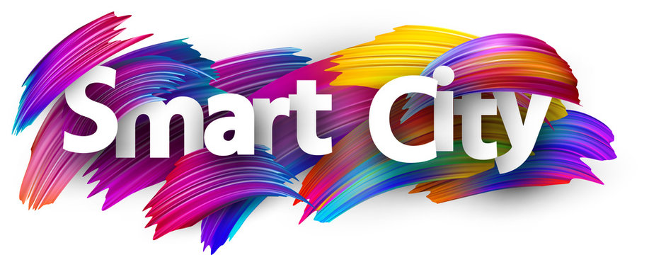 Smart city poster with colorful brush strokes.