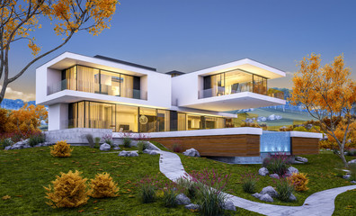 3d rendering of modern cozy house by the river with garage for sale or rent with beautiful mountains on background. Cool autumn evening with soft light from window.