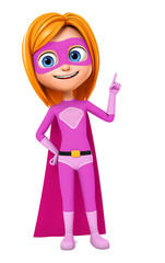 Cheerful girl in a superhero costume in pink shows a finger on an empty space on a white background. 3d render illustration.