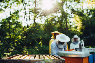 Closeup of a honey comb with beekeepers working in the background with nice golden hour light