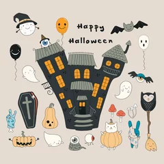  Hand drawn vector illustration of a haunted house, kawaii funny cartoon characters, with text Happy Halloween. Isolated objects. Line drawing. Design concept for print, card, party invitation. © Maria Skrigan