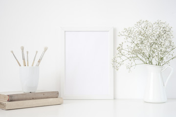 White frame mockup A4 in interior. Frame mock up background for poster or photo frame for social...