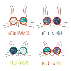 Sierkussen Set of cute cat, bunny faces in sunglasses with summer, autumn, winter, spring symbols reflected, text. Isolated objects on white. Hand drawn vector illustration. Line drawing. Concept four seasons. © Maria Skrigan